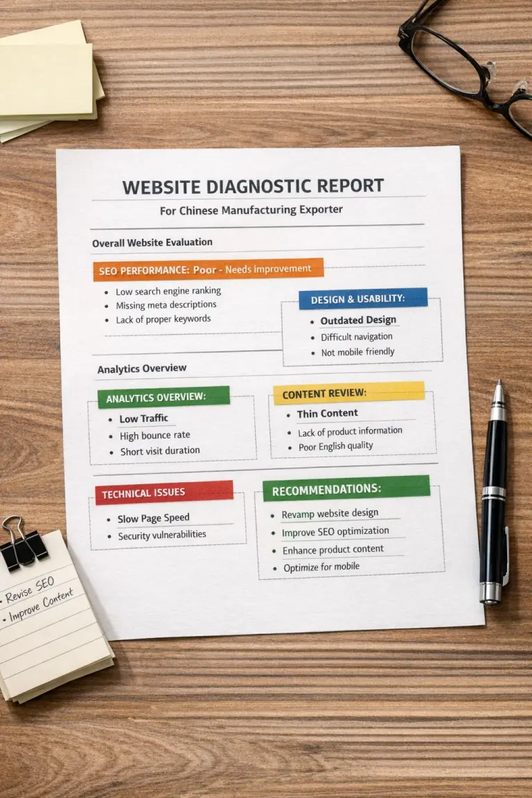 Checklist de diagnostic du site montrant les problèmes et priorités