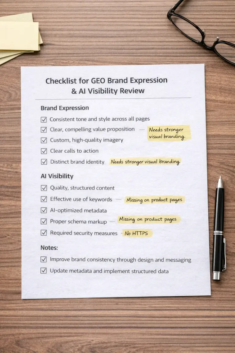 Checklist GEO montrant les points de contrôle pour l’optimisation de recherche IA