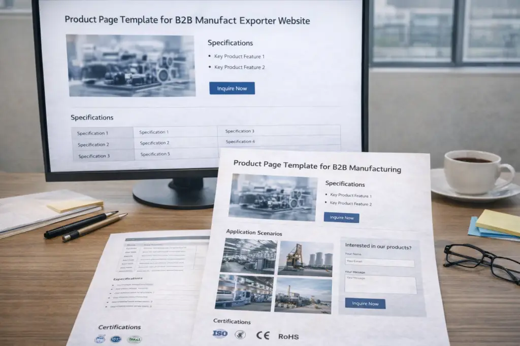 Modèle de page produit montrant la mise en page d’une page produit pour site export